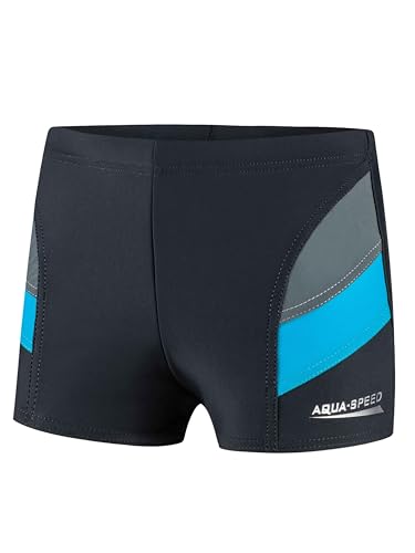 Aqua Speed Boxer Badehose Jungen eng kurz + gratis eBook | Triathlon Schwimmhose Jungs | Sport UV Jungenbadehose | 32. Grau Blau Gr. 128 | Andy von Aqua Speed