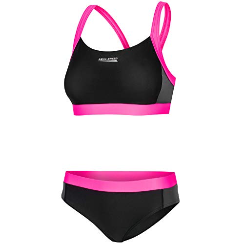 Aqua Speed Damen Bikini Set | Zweiteiler | Bademode Sport | Two Piece Swimsuit | Schwimmbikini für Mädchen Frauen | Wassergymnastik | Simwear Surfing | Schwarz-Grau-Rosa Gr. 38 | Naomi von Aqua Speed