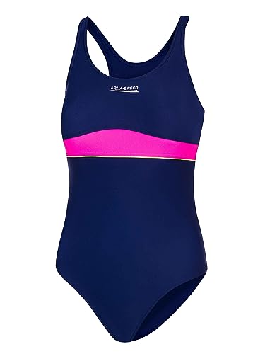 Aqua Speed Kinderbadeanzug Mädchen 5/6 Jahre | Beachwear Badeanzug für Kinder mit UV-Schutz | Swimming Suit Girls | Mädcheneinteiler Marineblau rosa | 47 Navy Blue - pink | Emily von Aqua Speed