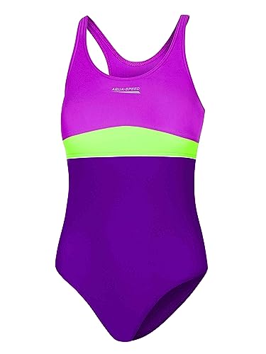 Aqua Speed einteiliger Badeanzug Mädchen Kinder 8/10 Jahre | Bathing Suit Girls | Bademode | Schwimmanzug violett grün mit UV-Schutz | Schwimmen | 48 Violet - Dark Violet - Green | Emily von Aqua Speed