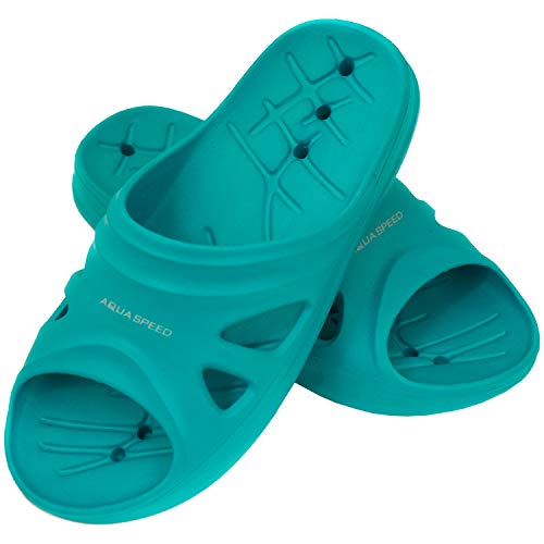 Aqua Speed leichte Badelatschen Florida + Fasertuch | Damen | Teenager | Kinder | Duschsandalen türkis | Strandlatschen rutschfest | Bequeme Badeschlappen | Gr 38 von Aqua Speed