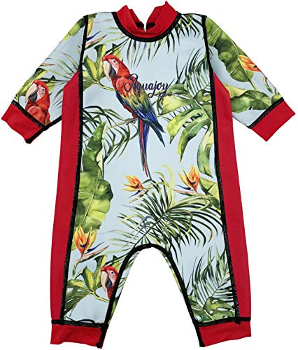 Aquajoy Warmsy - Premium Wende-Schwimmanzug | Warmer Neoprenanzug für Babys & Kleinkinder | Warme Ganzkörper-Badebekleidung für Jungen & Mädchen | 2 in 1-Design (Roter Papagei) Gr. 6-12 Monate von Aquajoy