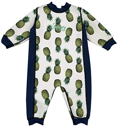 Aquajoy Warmsy - Premium Wende-Schwimmanzug | Warmer Neoprenanzug für Babys & Kleinkinder | Warme Ganzkörper-Badebekleidung für Jungen & Mädchen | 2 in 1-Design (Blaue Ananas) Gr. 6-12 Monate von Aquajoy