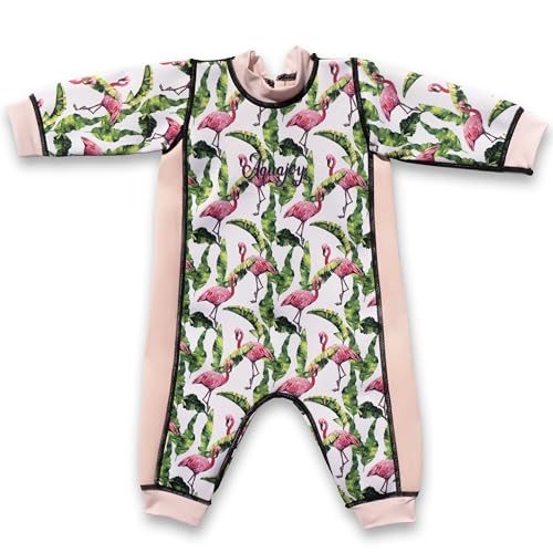 Aquajoy Warmsy - Premium Wende-Schwimmanzug | Warmer Neoprenanzug für Babys & Kleinkinder | Warme Ganzkörper-Badebekleidung für Jungen & Mädchen | 2 in 1-Design (Rosa Flamingo) Gr. 12-24 Monate von Aquajoy