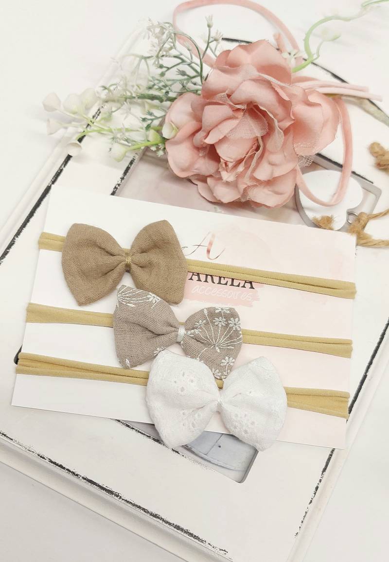 Baby Haarband 3Ser Set Musselinschleifen Minis Handmade von AquarelaAccessoires