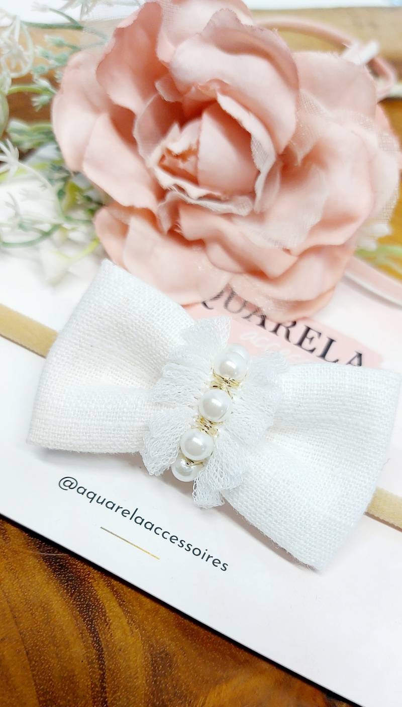 Taufe Haarband Stirnband Headband Handmade Leinenschleife Schleifen von AquarelaAccessoires