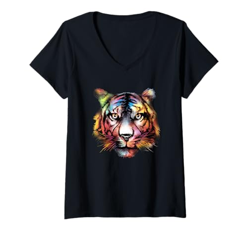 Damen Tiger Großkatze Raubkatze Tier Aquarellfarben Tigerkopf T-Shirt mit V-Ausschnitt von Aquarell Tiger Großkatzen Asien Raubtiere