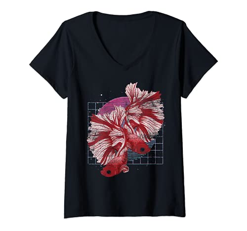 Damen 90er Vaporwave Siamesischer Kampffisch Betta Fisch T-Shirt mit V-Ausschnitt von Aquarium Unterwasserwelt Betta Fisch Geschenk