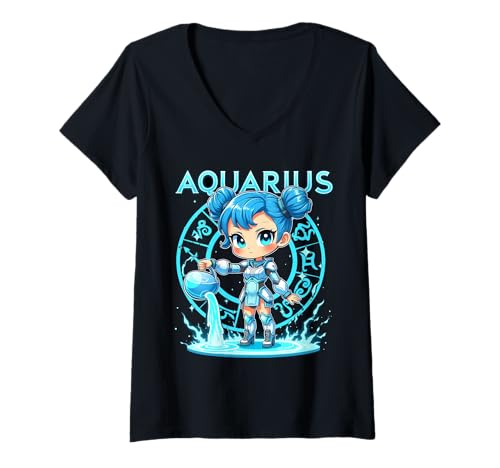 Damen Wassermann Anime Charakter Sternzeichen T-Shirt mit V-Ausschnitt von Aquarius Anime Art for Zodiac Fans
