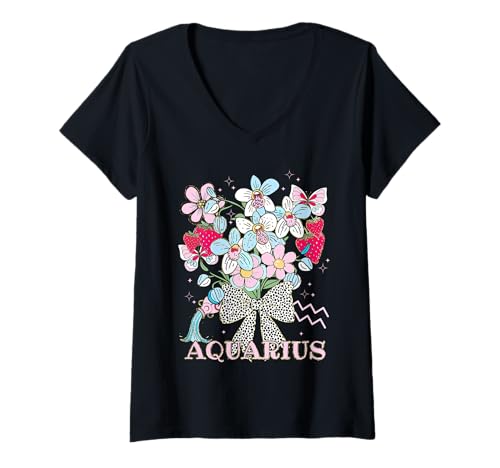 Damen Aquarius Sternzeichen Frauen Erdbeere Kokette Schleife Floral Wasser T-Shirt mit V-Ausschnitt Damen Aquarius Sternzeichen Frauen Erdbeere Kokette Schleife Floral Wasser T-Shirt mit V-Ausschnitt von Aquarius Zodiac Coquette Birthday Girl Tees