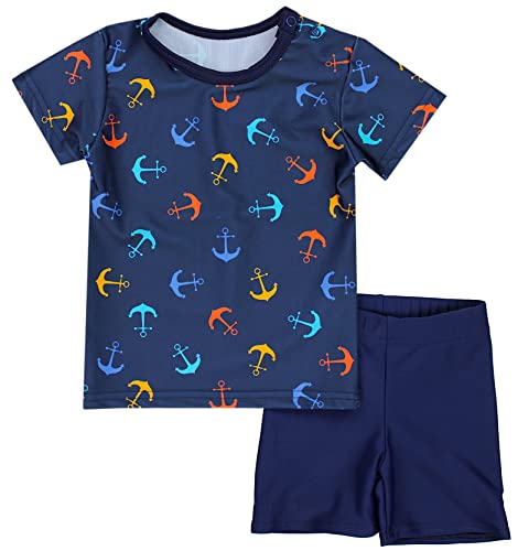 Aquarti Baby Jungen Bade-Set Zweiteiliger Kinder Badeanzug T-Shirt Badehose UV-Schutz, Farbe: Anker Orange Blau/Dunkelblau, Größe: 122 von Aquarti