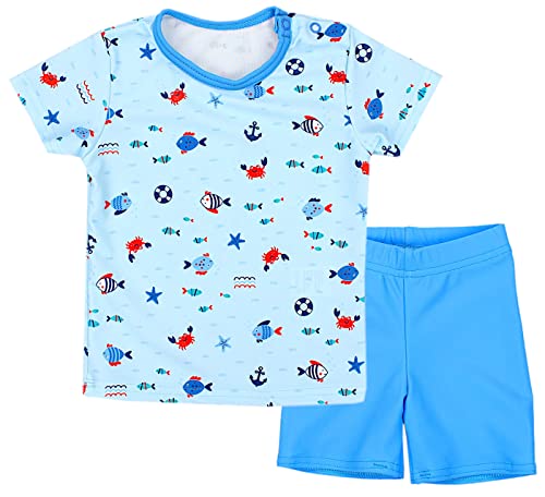 Aquarti Baby Jungen Bade-Set Zweiteiliger Kinder Badeanzug T-Shirt Badehose UV-Schutz, Farbe: Kleine Fische Hellblau/Blau, Größe: 110 von Aquarti