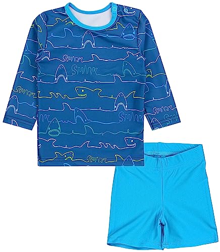 Aquarti Baby Jungen Bade-Set Zweiteiliger Kinder Badeanzug T-Shirt Badehose UV-Schutz, Farbe: Langarm/Haie/Jeans/Blau, Größe: 104 von Aquarti