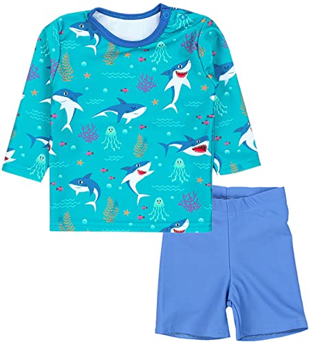 Aquarti Baby Jungen Bade-Set Zweiteiliger Kinder Badeanzug T-Shirt Badehose UV-Schutz, Farbe: Langarm/Haie im Meer Dunkeltürkis/Jeans Blau, Größe: 98 von Aquarti