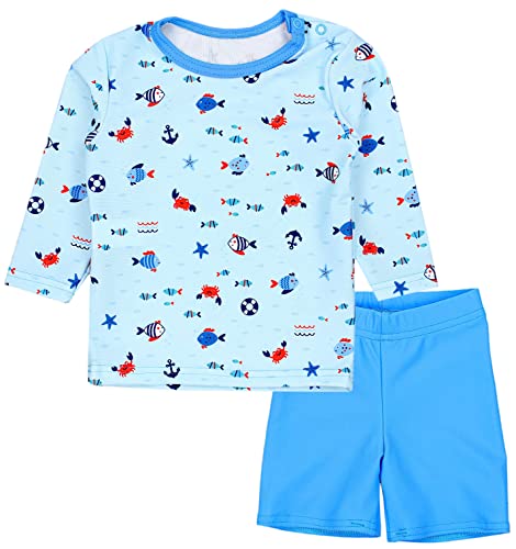 Aquarti Baby Jungen Bade-Set Zweiteiliger Kinder Badeanzug T-Shirt Badehose UV-Schutz, Farbe: Langarm/Kleine Fische Hellblau/Blau, Größe: 98 von Aquarti