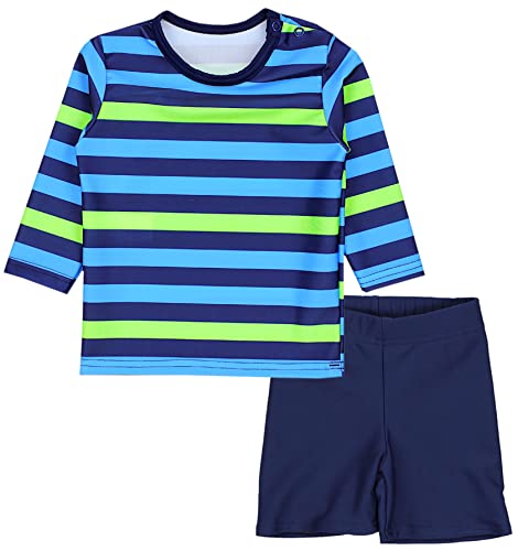 Aquarti Baby Jungen Bade-Set Zweiteiliger Kinder Badeanzug T-Shirt Badehose UV-Schutz, Farbe: Langarm/Streifen Blau/Grün/Dunkelblau, Größe: 104 von Aquarti