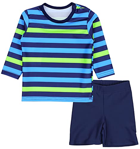 Aquarti Baby Jungen Bade-Set Zweiteiliger Kinder Badeanzug T-Shirt Badehose UV-Schutz, Farbe: Langarm/Streifen Blau/Grün/Dunkelblau, Größe: 110 von Aquarti