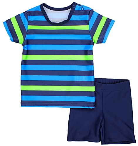 Aquarti Baby Jungen Bade-Set Zweiteiliger Kinder Badeanzug T-Shirt Badehose UV-Schutz, Farbe: Streifen Blau/Grün/Dunkelblau, Größe: 116 von Aquarti