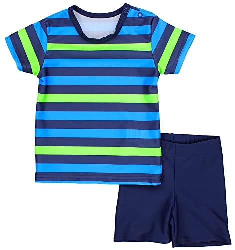 Aquarti Baby Jungen Bade-Set Zweiteiliger Kinder Badeanzug T-Shirt Badehose UV-Schutz, Farbe: Streifen Blau/Grün/Dunkelblau, Größe: 92 von Aquarti