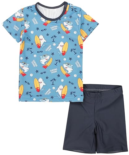 Aquarti Baby Jungen Bade-Set Zweiteiliger Kinder Badeanzug T-Shirt Badehose UV-Schutz, Farbe: Surfing Shark Grau Orange Rot Graphit, Größe: 80 von Aquarti