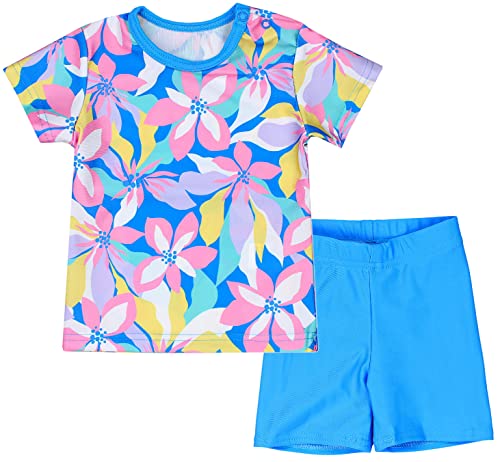 Aquarti Baby Mädchen Zweiteiler Kinder Badeanzug Bade-Set Bade T-Shirt Badehose UV-Schutz, Farbe: Blumen/Rosa/Blau/Gelb, Größe: 98 von Aquarti