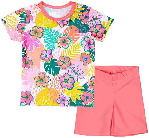 Aquarti Baby Mädchen Zweiteiler Kinder Badeanzug Bade-Set Bade T-Shirt Badehose UV-Schutz, Farbe: Blumen Orange/Rosa/Blau, Größe: 116 von Aquarti