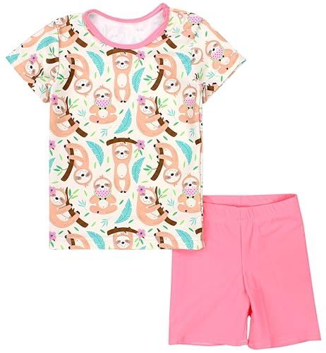 Aquarti Baby Mädchen Zweiteiler Kinder Badeanzug Bade-Set Bade T-Shirt Badehose UV-Schutz, Farbe: Faultiere Beige Grün Rosa, Größe: 116 von Aquarti