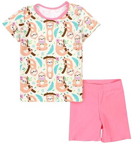 Aquarti Baby Mädchen Zweiteiler Kinder Badeanzug Bade-Set Bade T-Shirt Badehose UV-Schutz, Farbe: Faultiere Beige Grün Rosa, Größe: 92 von Aquarti