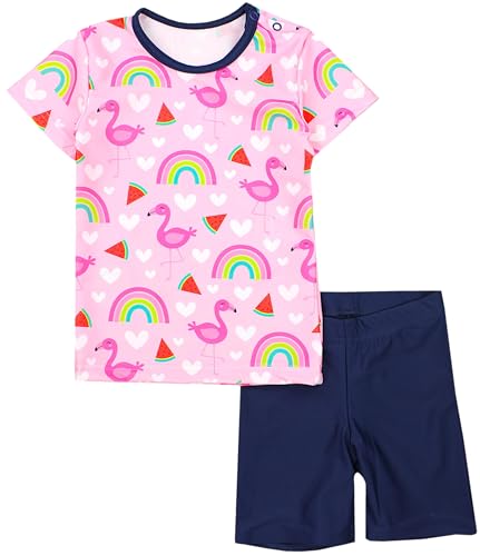 Aquarti Baby Mädchen Zweiteiler Kinder Badeanzug Bade-Set Bade T-Shirt Badehose UV-Schutz, Farbe: Flamingos Rose Pink Dunkelblau, Größe: 116 von Aquarti