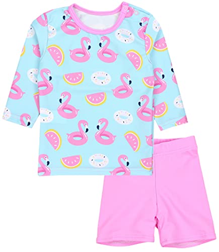 Aquarti Baby Mädchen Zweiteiler Kinder Badeanzug Bade-Set Bade T-Shirt Badehose UV-Schutz, Farbe: Langarm/Flamingos Hellgrün/Rosa, Größe: 110 von Aquarti