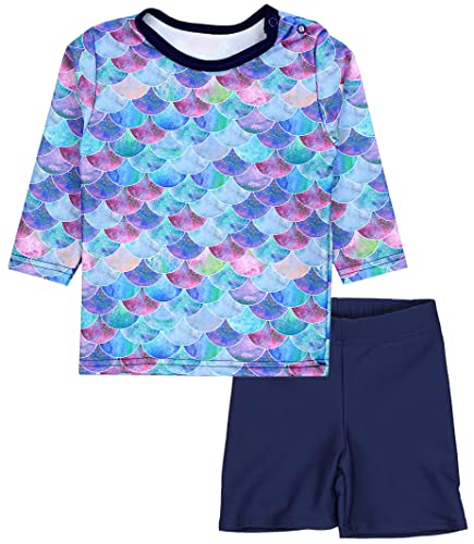 Aquarti Baby Mädchen Zweiteiler Kinder Badeanzug Bade-Set Bade T-Shirt Badehose UV-Schutz, Farbe: Langarm/Meerjungfrau Lila/Dunkelblau, Größe: 110 von Aquarti