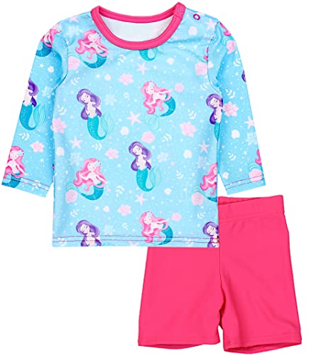 Aquarti Baby Mädchen Zweiteiler Kinder Badeanzug Bade-Set Bade T-Shirt Badehose UV-Schutz, Farbe: Langarm/Meerjungfrau Muscheln Türkisblau/Pink, Größe: 104 von Aquarti