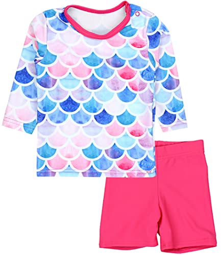 Aquarti Baby Mädchen Zweiteiler Kinder Badeanzug Bade-Set Bade T-Shirt Badehose UV-Schutz, Farbe: Langarm/Meerjungfrau Rosa/Himbeerrot, Größe: 104 von Aquarti