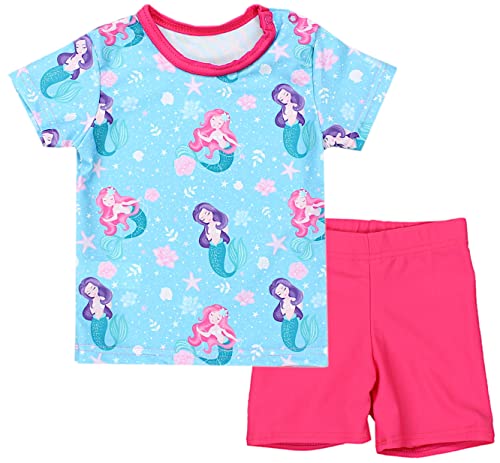 Aquarti Baby Mädchen Zweiteiler Kinder Badeanzug Bade-Set Bade T-Shirt Badehose UV-Schutz, Farbe: Meerjungfrau Muscheln Türkisblau/Pink, Größe: 104 von Aquarti