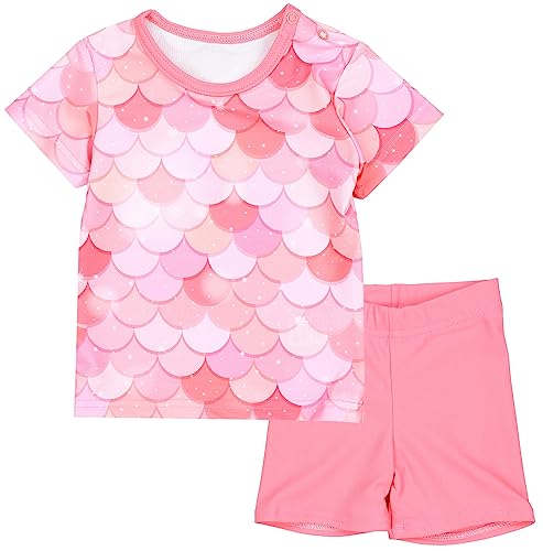 Aquarti Baby Mädchen Zweiteiler Kinder Badeanzug Bade-Set Bade T-Shirt Badehose UV-Schutz, Farbe: Meerjungfrau Rosa/Aprikose, Größe: 110 von Aquarti