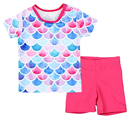 Aquarti Baby Mädchen Zweiteiler Kinder Badeanzug Bade-Set Bade T-Shirt Badehose UV-Schutz, Farbe: Meerjungfrau Rosa/Himbeerrot, Größe: 104 von Aquarti