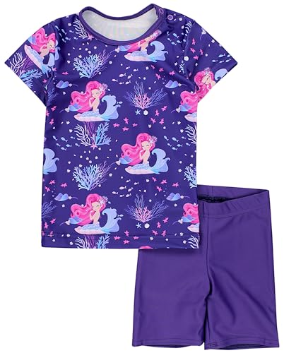 Aquarti Baby Mädchen Zweiteiler Kinder Badeanzug Bade-Set Bade T-Shirt Badehose UV-Schutz, Farbe: Meerjungfrau Rosa Hellblau Dunkelblau, Größe: 116 von Aquarti