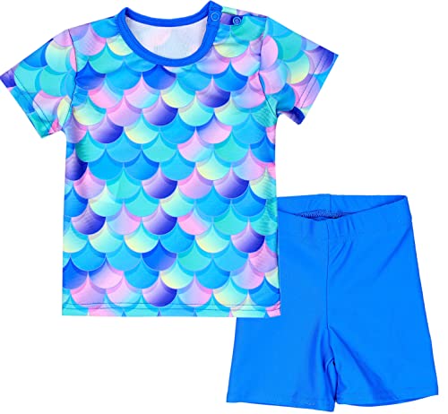 Aquarti Baby Mädchen Zweiteiler Kinder Badeanzug Bade-Set Bade T-Shirt Badehose UV-Schutz, Farbe: Meerjungfrau Violett/Blau/Rosa, Größe: 116 von Aquarti