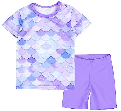 Aquarti Baby Mädchen Zweiteiler Kinder Badeanzug Bade-Set Bade T-Shirt Badehose UV-Schutz, Farbe: Meerjungfrau Violett/Lila, Größe: 86 von Aquarti