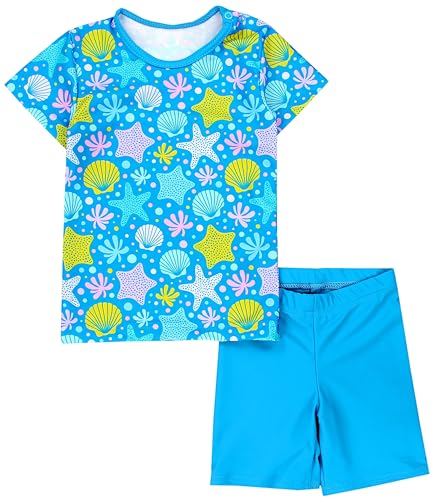 Aquarti Baby Mädchen Zweiteiler Kinder Badeanzug Bade-Set Bade T-Shirt Badehose UV-Schutz, Farbe: Muscheln Seesterne Blau Gelb, Größe: 80 von Aquarti