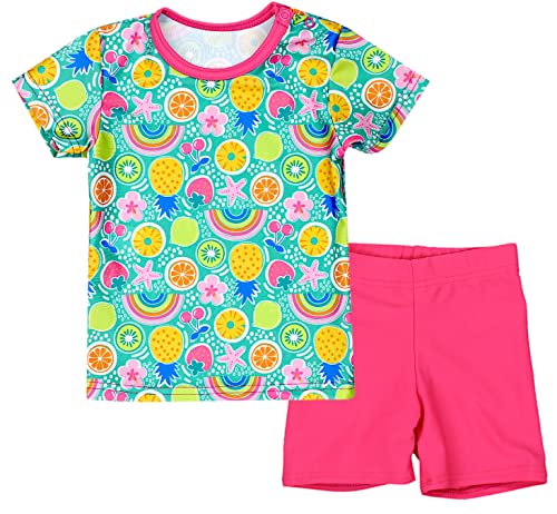 Aquarti Baby Mädchen Zweiteiler Kinder Badeanzug Bade-Set Bade T-Shirt Badehose UV-Schutz, Farbe: Obst Grün/Gelb/Rosa, Größe: 104 von Aquarti