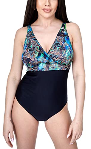 Aquarti Damen Badeanzug Bauchweg Einteiler Sport Swimsuit Bademode Neckholder V-Ausschnitt, Farbe: Modell D4 Schwarz/Oriental Beige Grün Blau, Größe: 36 von Aquarti
