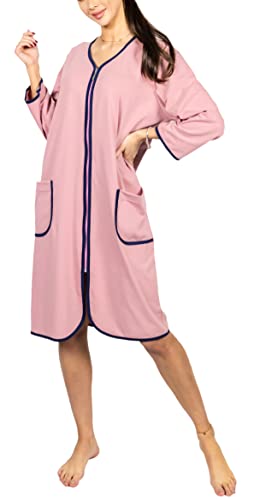 Aquarti Damen Bademantel Morgenmantel mit Reißverschluss Hausmantel Leicht 3/4 Ärmel, Farbe: Puderrosa, Größe: 5XL von Aquarti