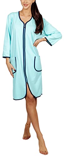 Aquarti Damen Bademantel Morgenmantel mit Reißverschluss Hausmantel Leicht 3/4 Ärmel, Farbe: Türkis, Größe: 3XL von Aquarti
