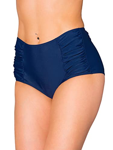Aquarti Bikinihose Damen mit Hoher Taille und Raffung – Klassische Bikinihosen für Damen in Uni-Farben, Farbe: Dunkelblau, Größe: 40 von Aquarti