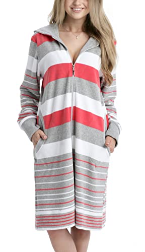 Aquarti Damen Frottee Bademantel Morgenmantel Gestreift mit Kapuze, Farbe: Koralle, Größe: S von Aquarti