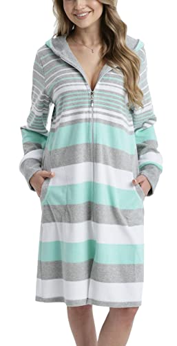 Aquarti Damen Frottee Bademantel Morgenmantel Gestreift mit Kapuze, Farbe: Mint, Größe: XL von Aquarti