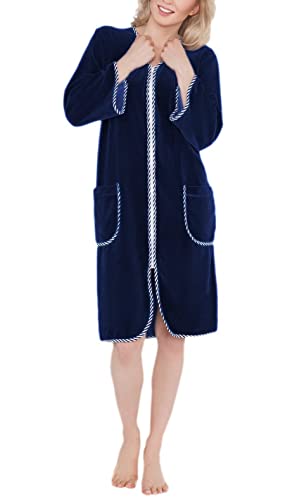 Aquarti Damen Velours Bademantel Morgenmantel Kurz mit Reißverschluss, Farbe: Dunkelblau, Größe: XL von Aquarti