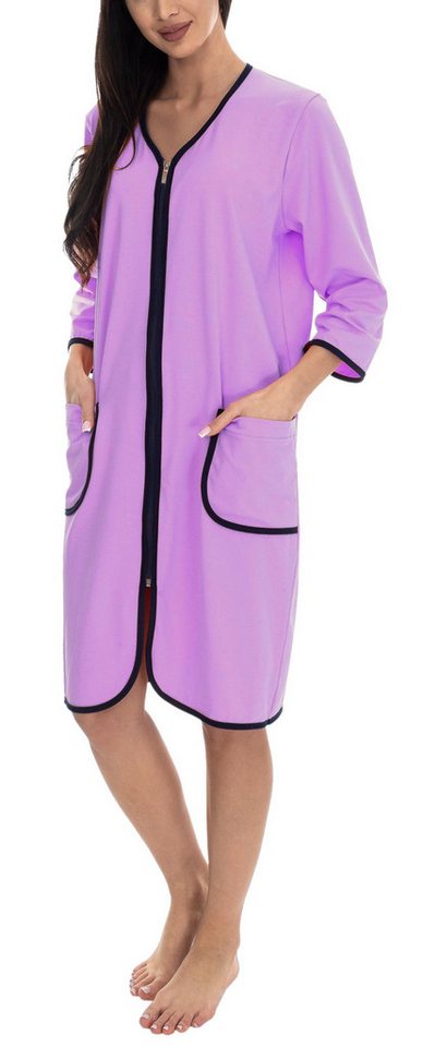 Aquarti Damenbademantel Damen Bademantel Morgenmantel Reißverschluss Hausmantel 3/4 Ärmel von Aquarti