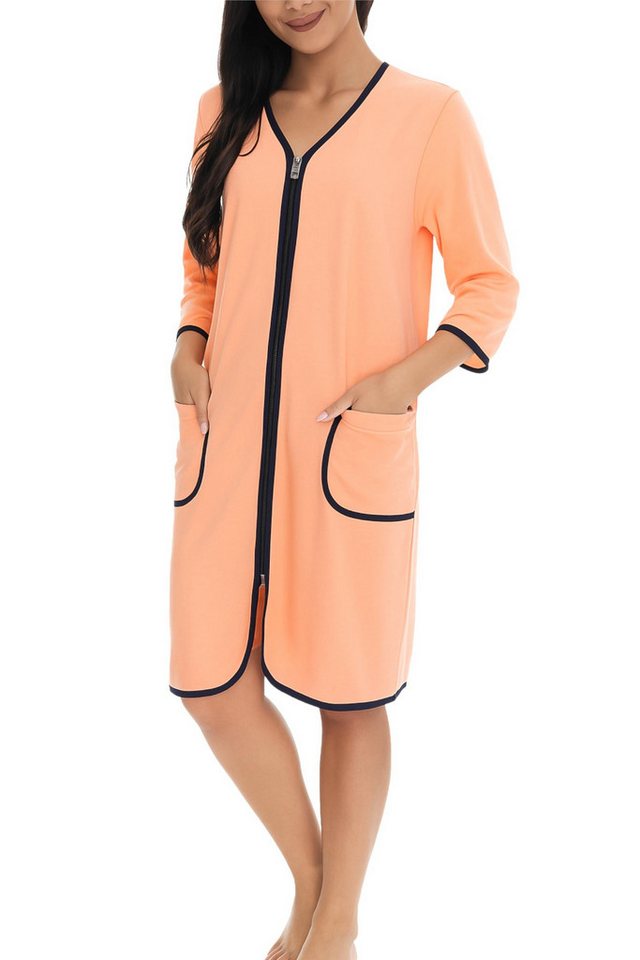 Aquarti Damenbademantel Damen Bademantel Morgenmantel Reißverschluss Hausmantel 3/4 Ärmel von Aquarti